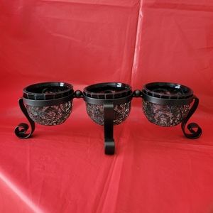 Partylite Glass Mosaic Amarett Swirl Tealight trio w/Black Iron Stand (C…